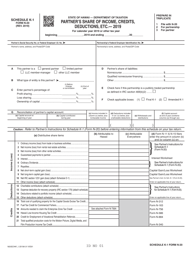  Schedule K 1, Form N 20, Rev , Partner's Share of Income 2019