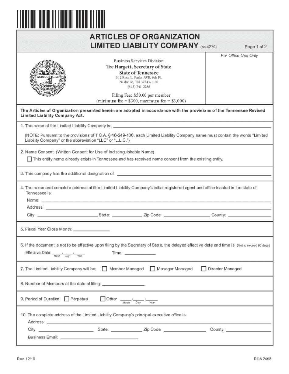 Articles of Organization Ss 4270Tennessee Secretary of State  Form
