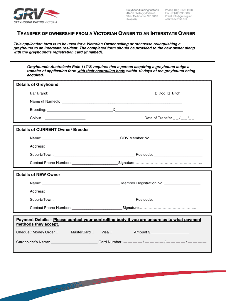 TRANSFER of OWNERSHIP from a VICTORIAN OWNER to an INTERSTATE OWNER  Form