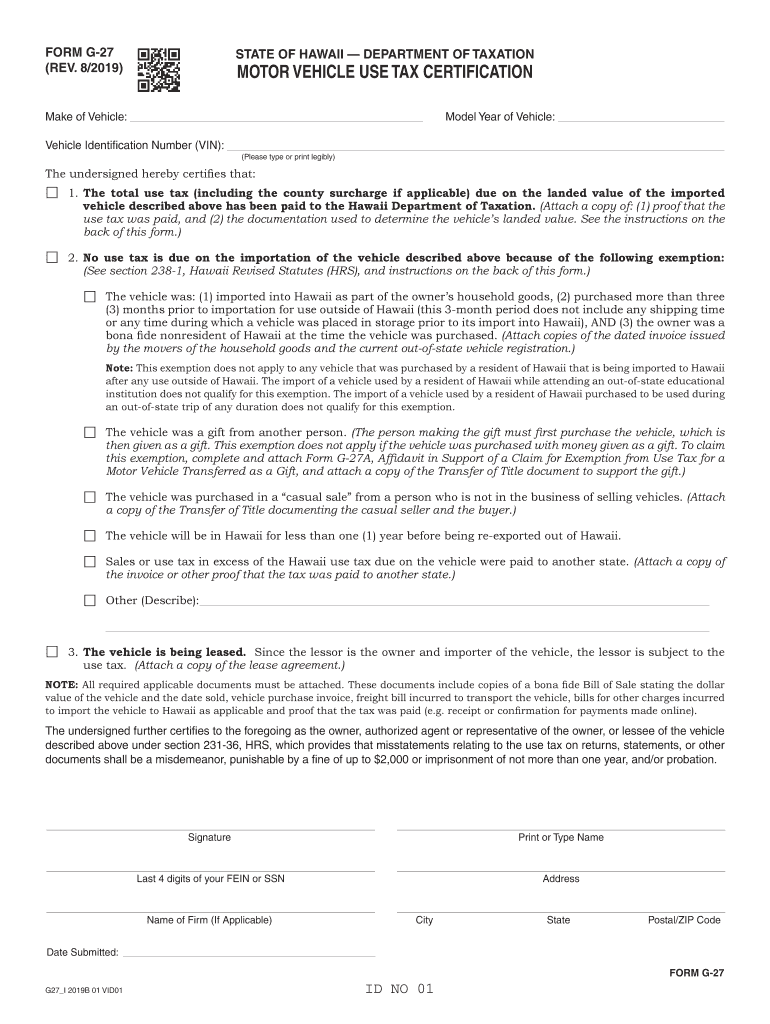  Form G 27, Rev 8, Motor Vehicle Use Tax Certification 2019-2024