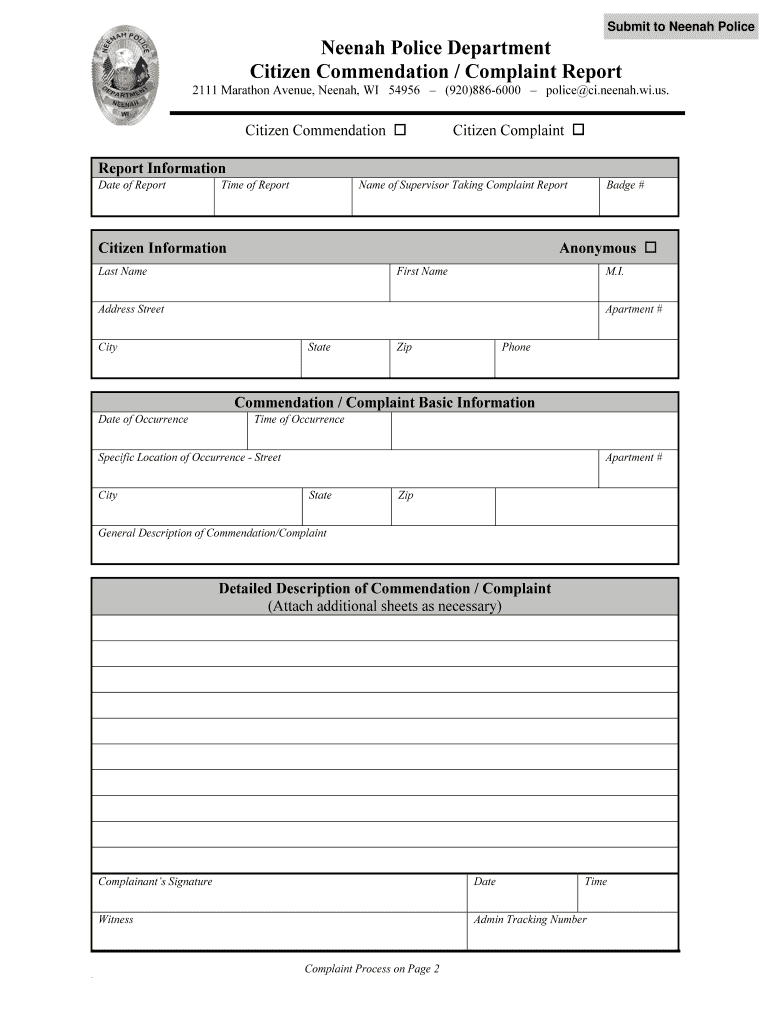 Neenah Police Department Citizen Complaint Report City of  Form