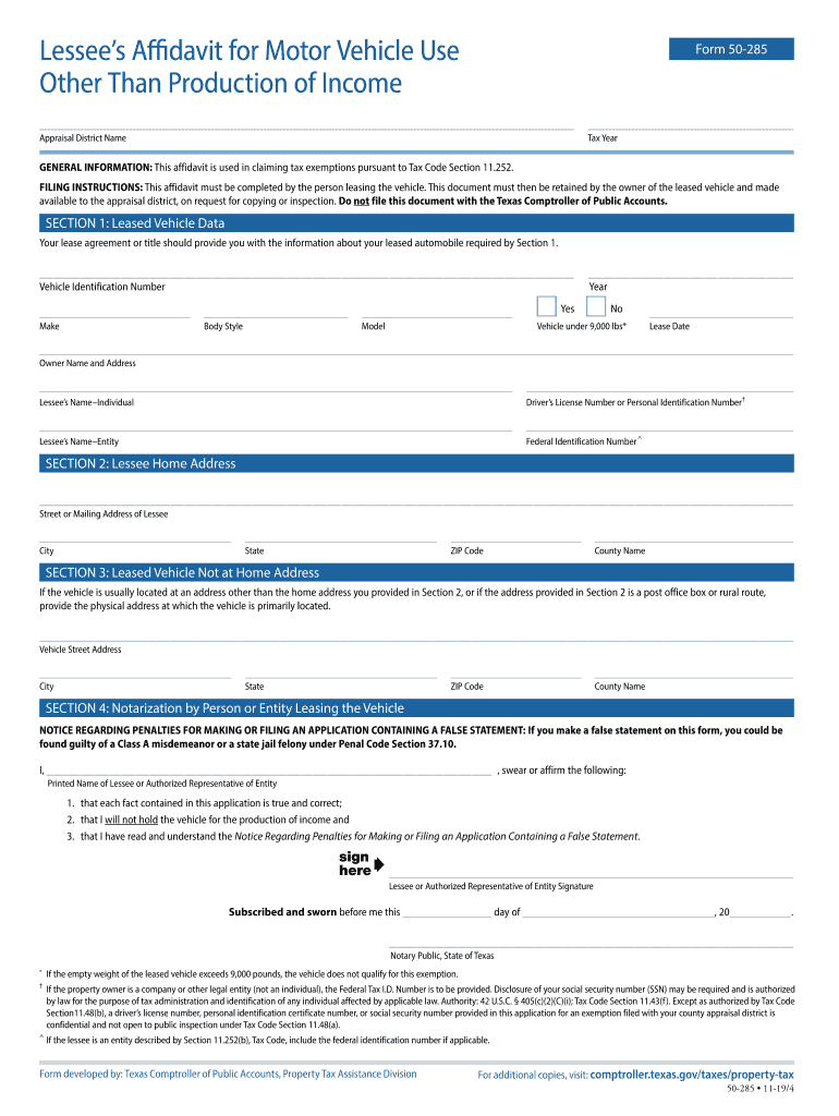  Lessees Affidavit for Motor Vehicle Use Other Than Production of Income 2019