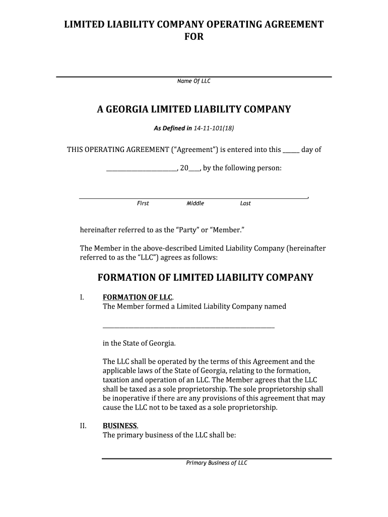 Limited Liability Company Operating Agreement for a Georgia  Form