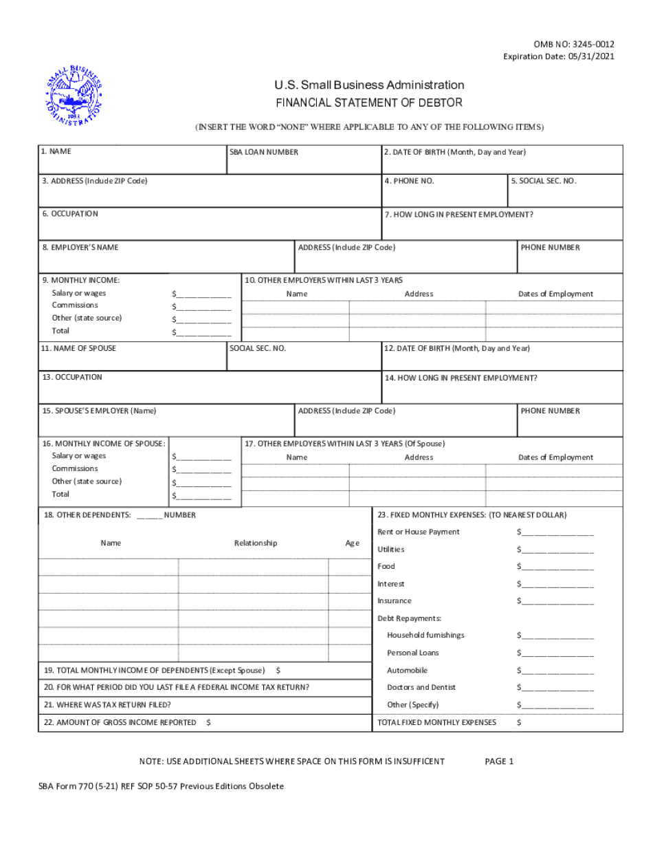  Financial Statement of Debtor SBA Financial Statement of Debtor 2021-2024