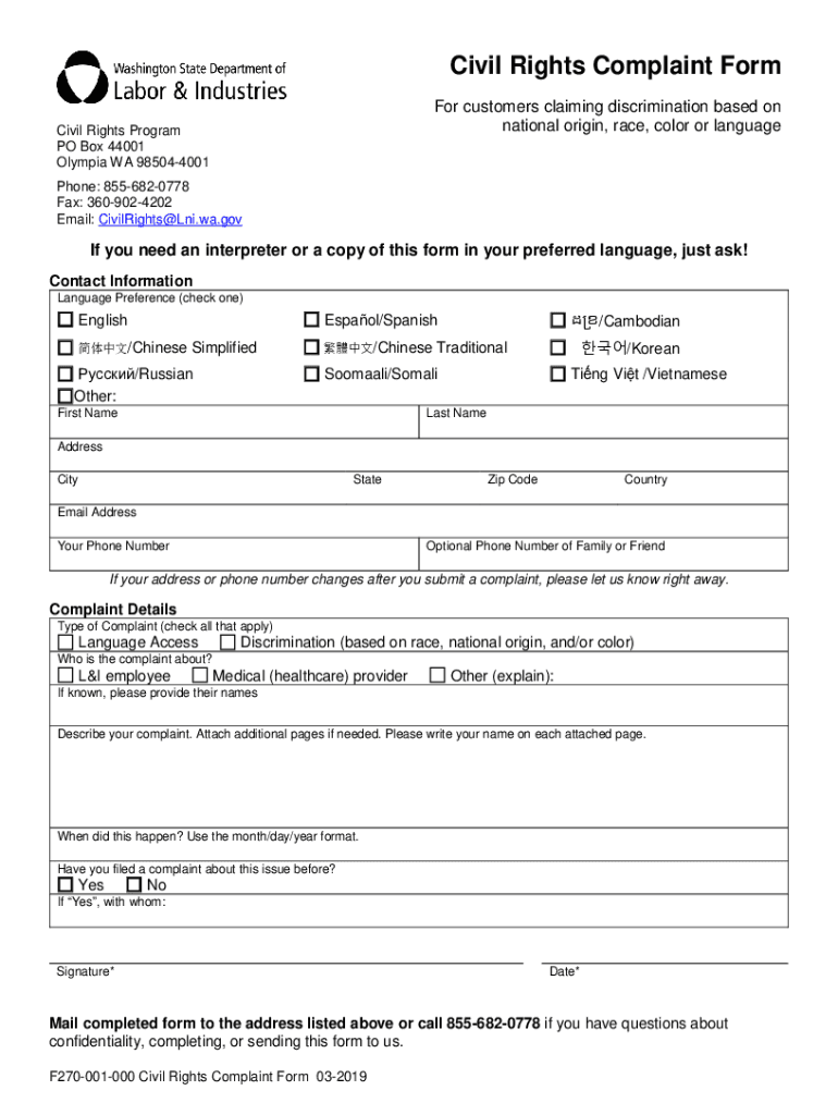 Civil Rights Complaint Form F270 001 000 Civil Rights Complaint Form F270 001 000