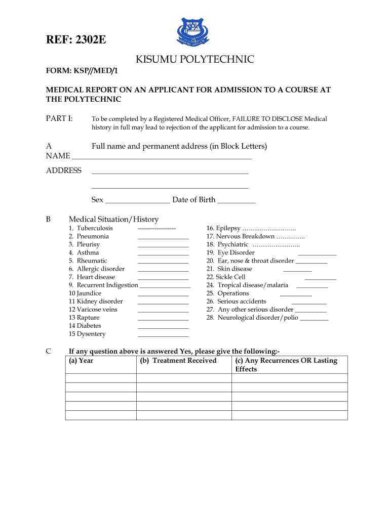 Kisumu Polytechnic Medical Form