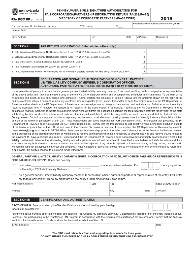 Pennsylvania E File Signature Authorization for PA S CorporationPartnership Information Return PA 20SPA 65 Directory of Corpoate 2019