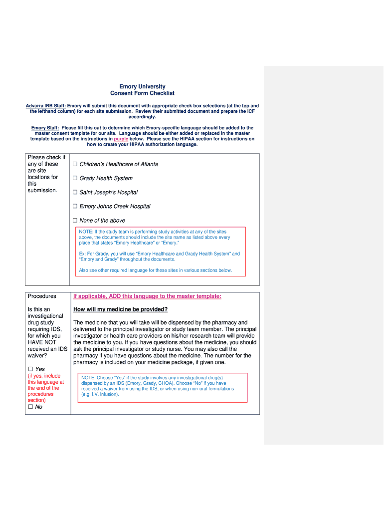 Emory University Consent Form Checklist Please Emory IRB