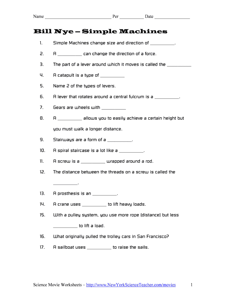 Bill Nye Simple Machines Worksheet  Form