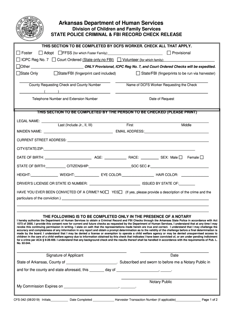 CFS 342 Criminal Background Check Arkansas Department  Form