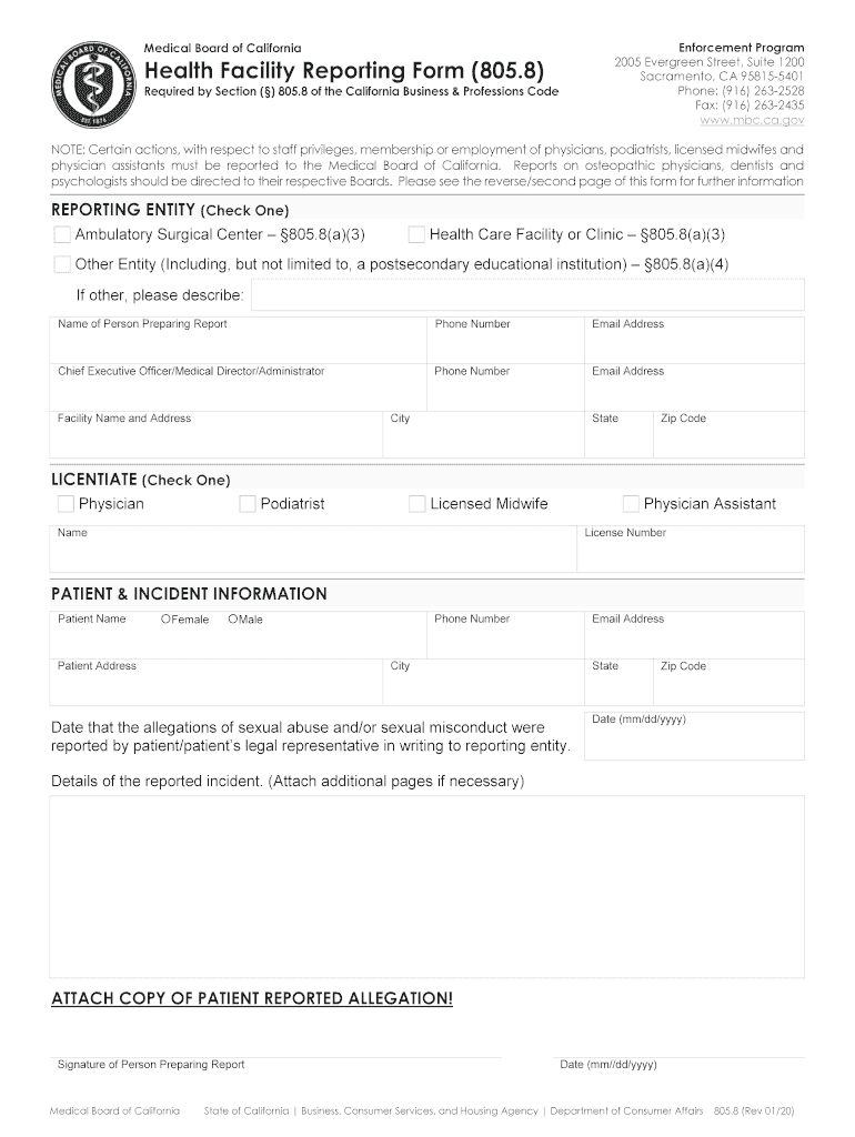 Health Facility Reporting Form 805 8 Health Facility Reporting Form 805 8