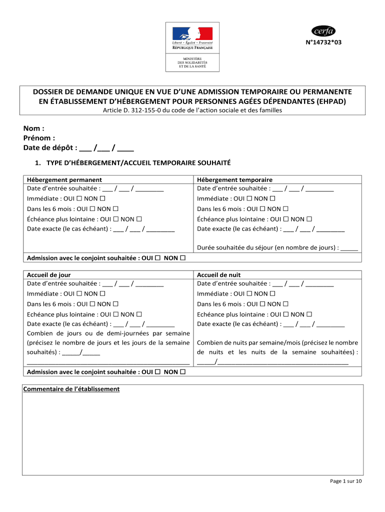 Dossier De Demande Unique En Vue D&#039;une Admission  Form