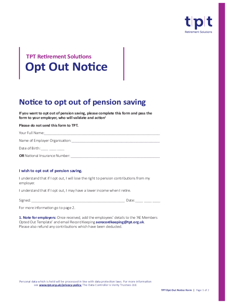 Opt Out Notice Pension  Form
