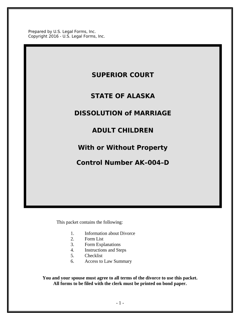 No Fault Uncontested Agreed Divorce Package for Dissolution of Marriage with Adult Children and with or Without Property and Deb  Form