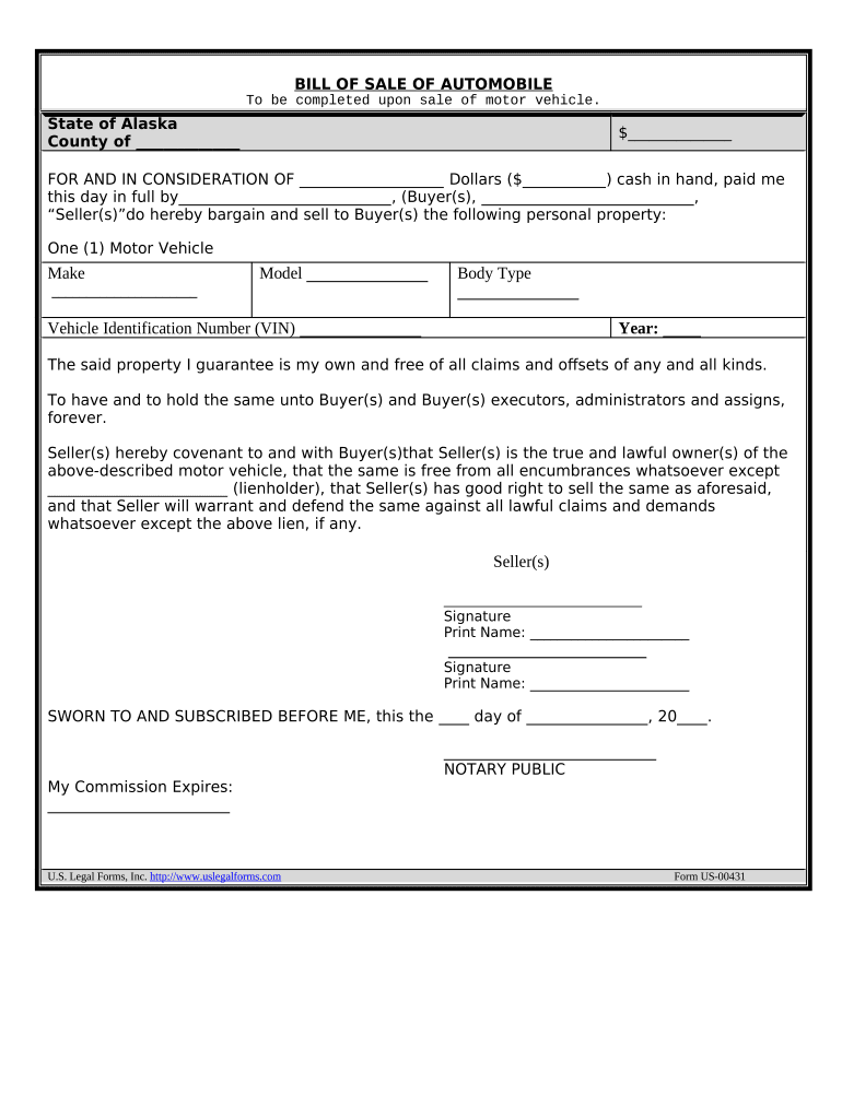 Bill of Sale of Automobile and Odometer Statement Alaska  Form