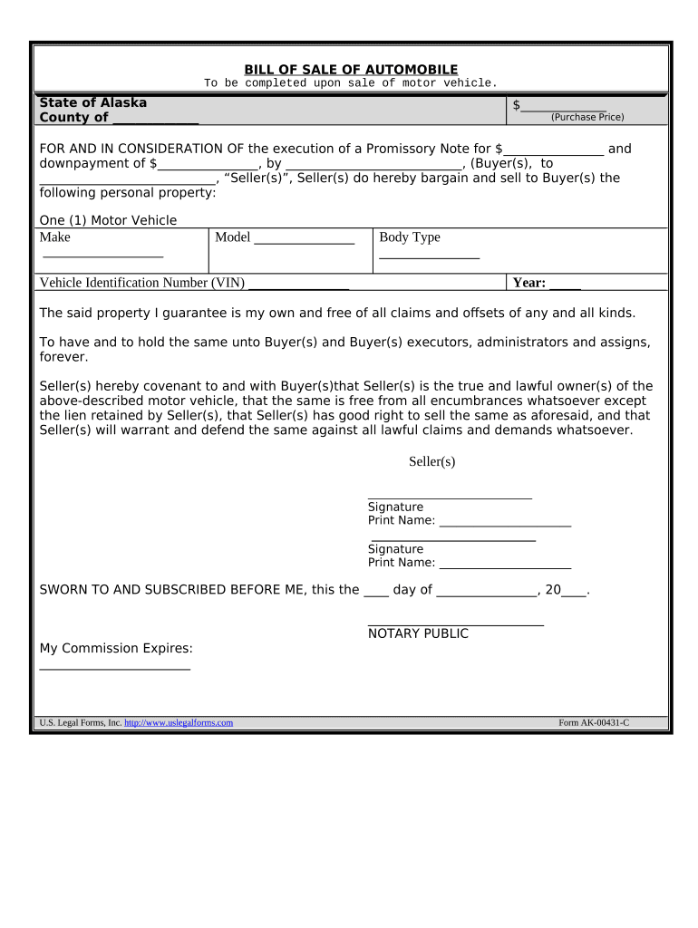 Bill of Sale for Automobile or Vehicle Including Odometer Statement and Promissory Note Alaska  Form