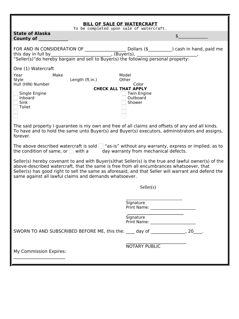 Bill of Sale for WaterCraft or Boat Alaska  Form