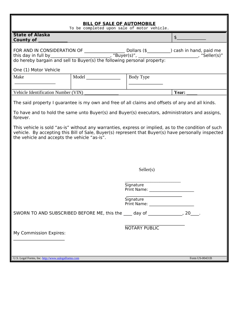 Bill of Sale of Automobile and Odometer Statement for as is Sale Alaska  Form