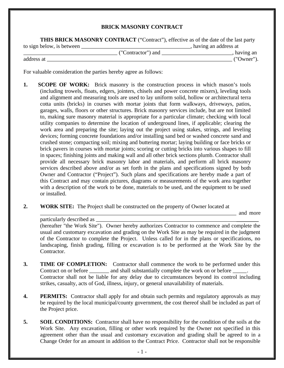 Brick Mason Contract for Contractor Alaska  Form