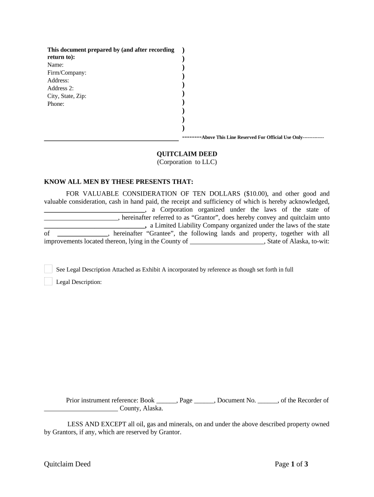 Quitclaim Deed from Corporation to LLC Alaska  Form