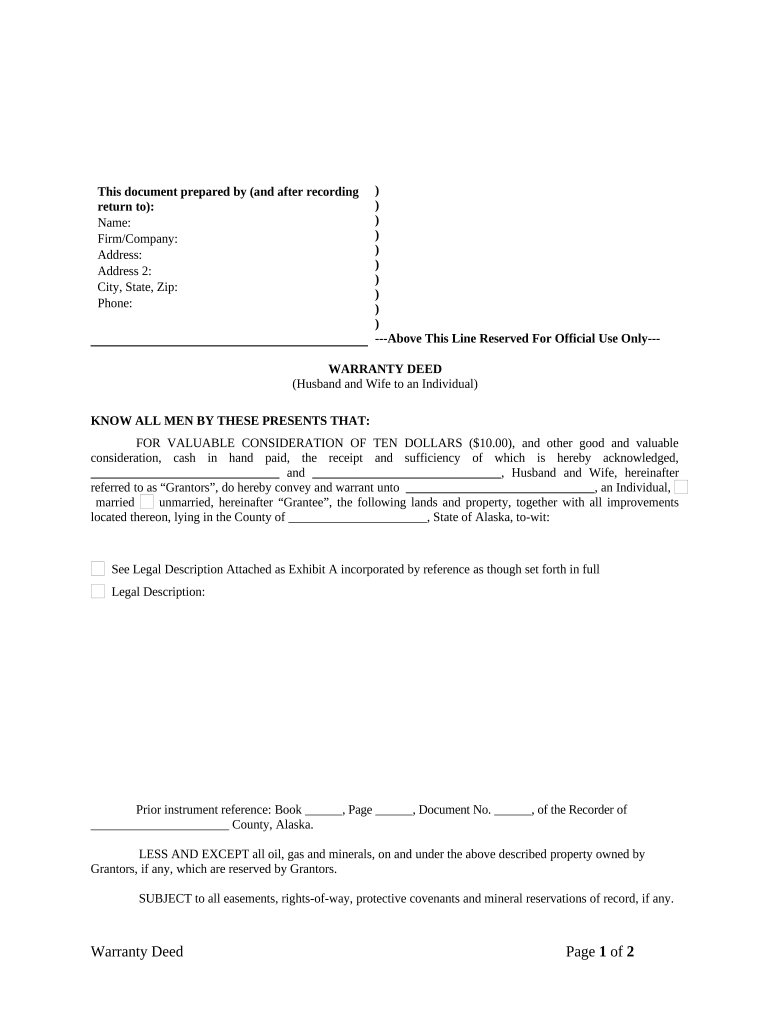 Warranty Deed from Husband and Wife to an Individual Alaska  Form