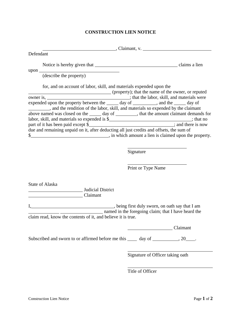 Construction Lien Notice Alaska  Form