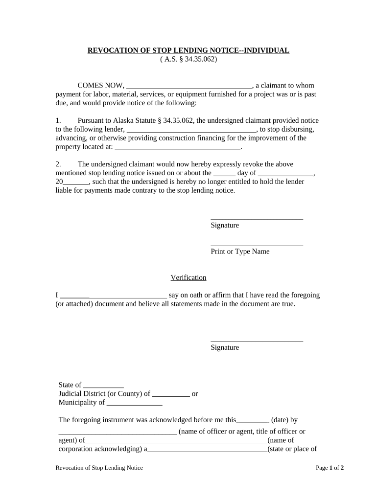 Revocation of Stop Lending Notice Individual Alaska  Form