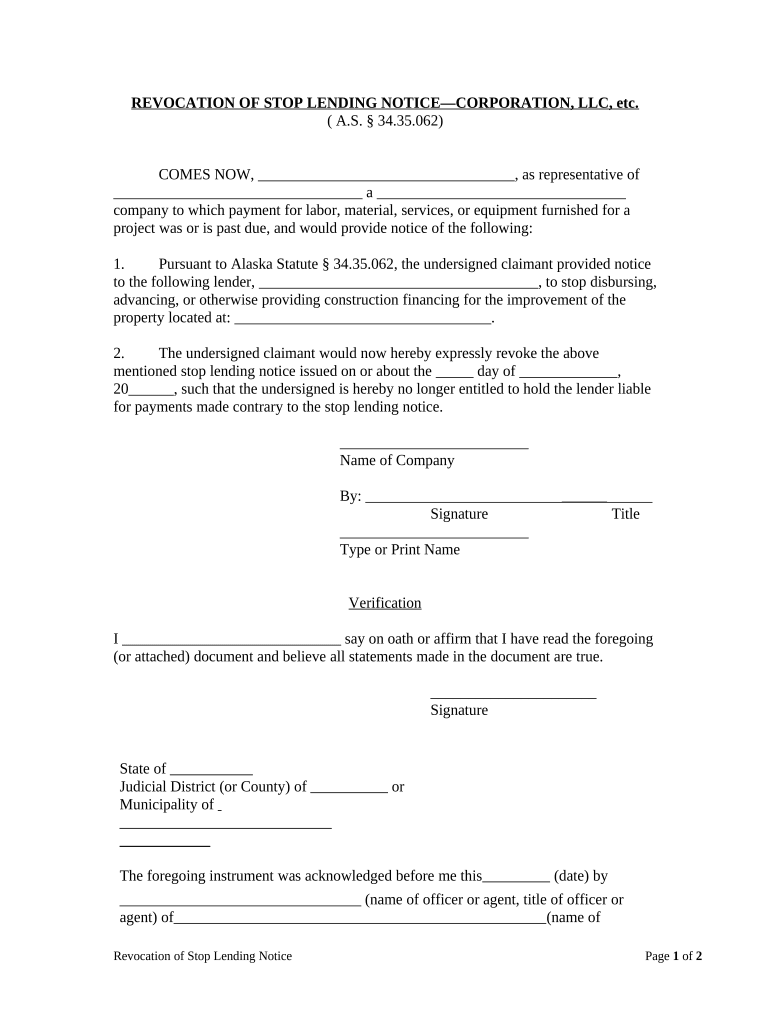 Revocation of Stop Lending Notice by Corporation or LLC Alaska  Form