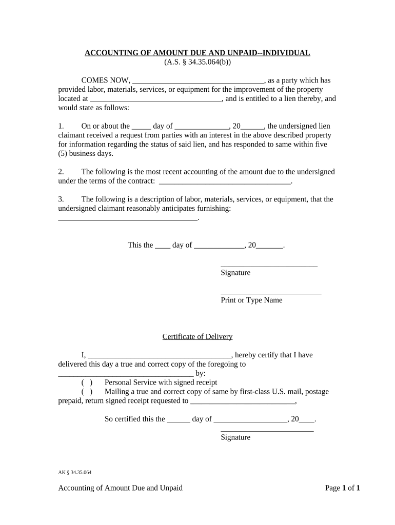 Accounting of Amount Due and Unpaid Individual Alaska  Form