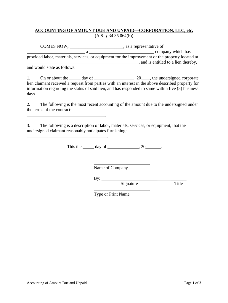 Accounting of Amount Due and Unpaid Corporation or LLC Alaska  Form