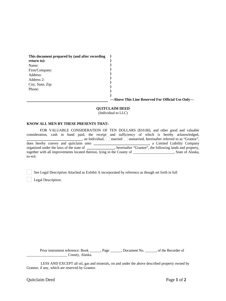 Quitclaim Deed from Individual to LLC Alaska  Form