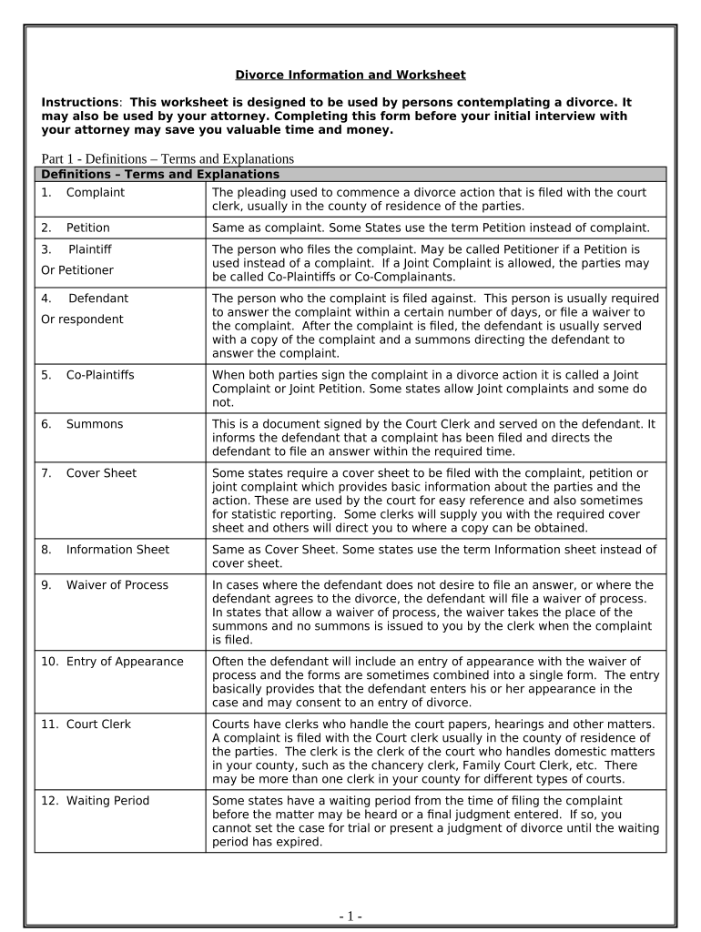 Divorce Worksheet and Law Summary for Contested or Uncontested Case of over 25 Pages Ideal Client Interview Form Alaska