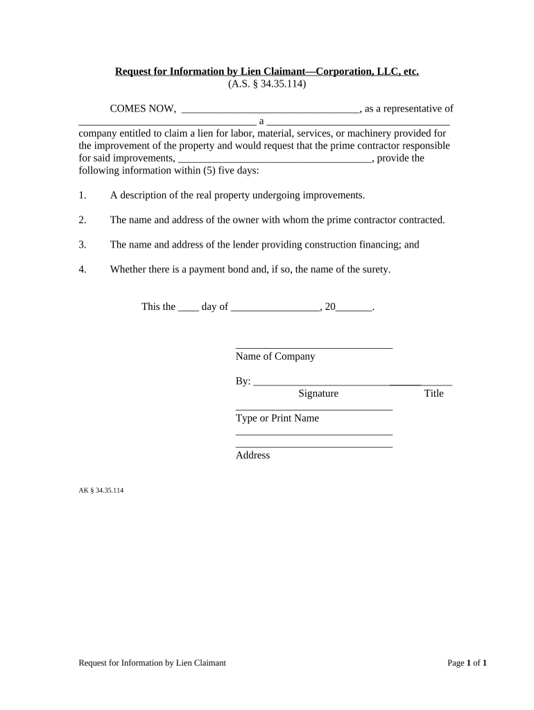 Request for Information by Lien Claimant by Corporation or LLC Alaska