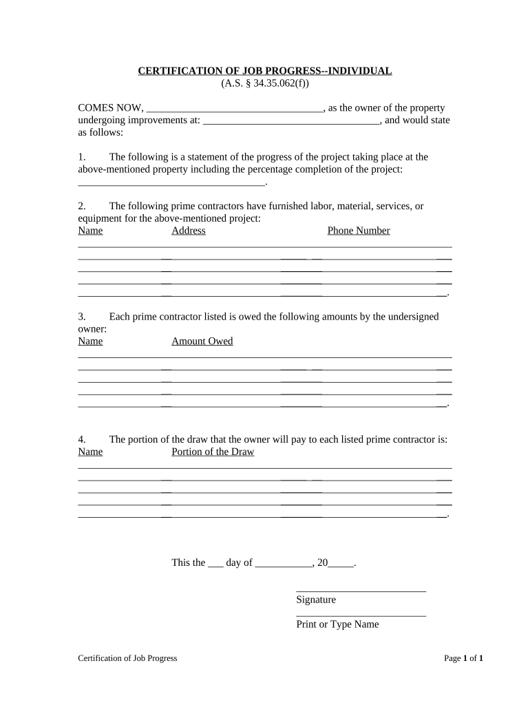 Certification of Job Progress Individual Alaska  Form