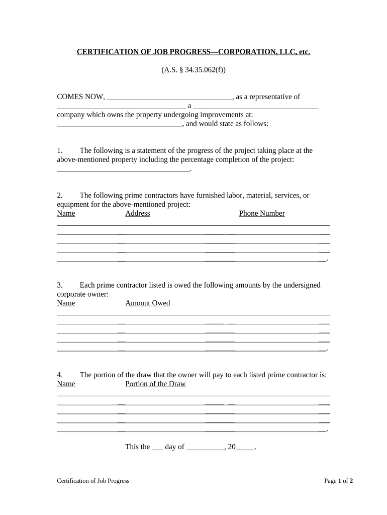 Certification of Job Progress by Corporation or LLC Alaska  Form