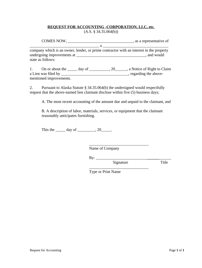 Request for Accounting by Corporation or LLC Alaska  Form