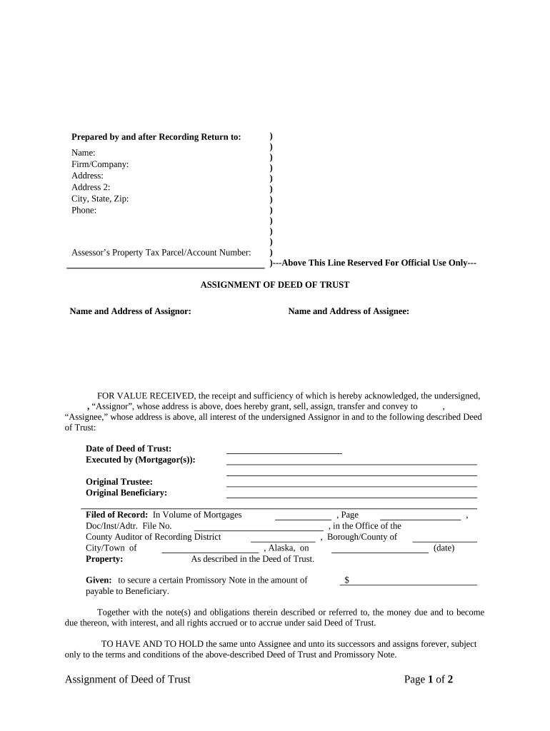 Assignment of Deed of Trust by Individual Mortgage Holder Alaska  Form