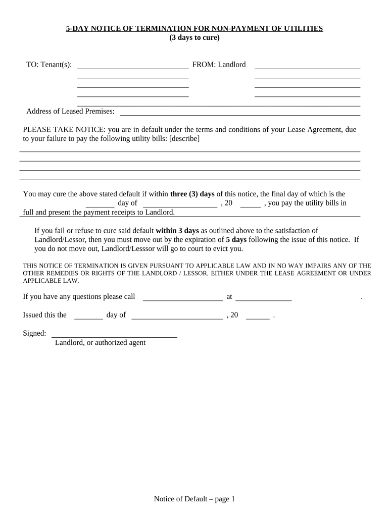 5 Day Notice to Tenant of Default for Nonpayment of Utilities Residential from Landlord to Tenant Alaska  Form