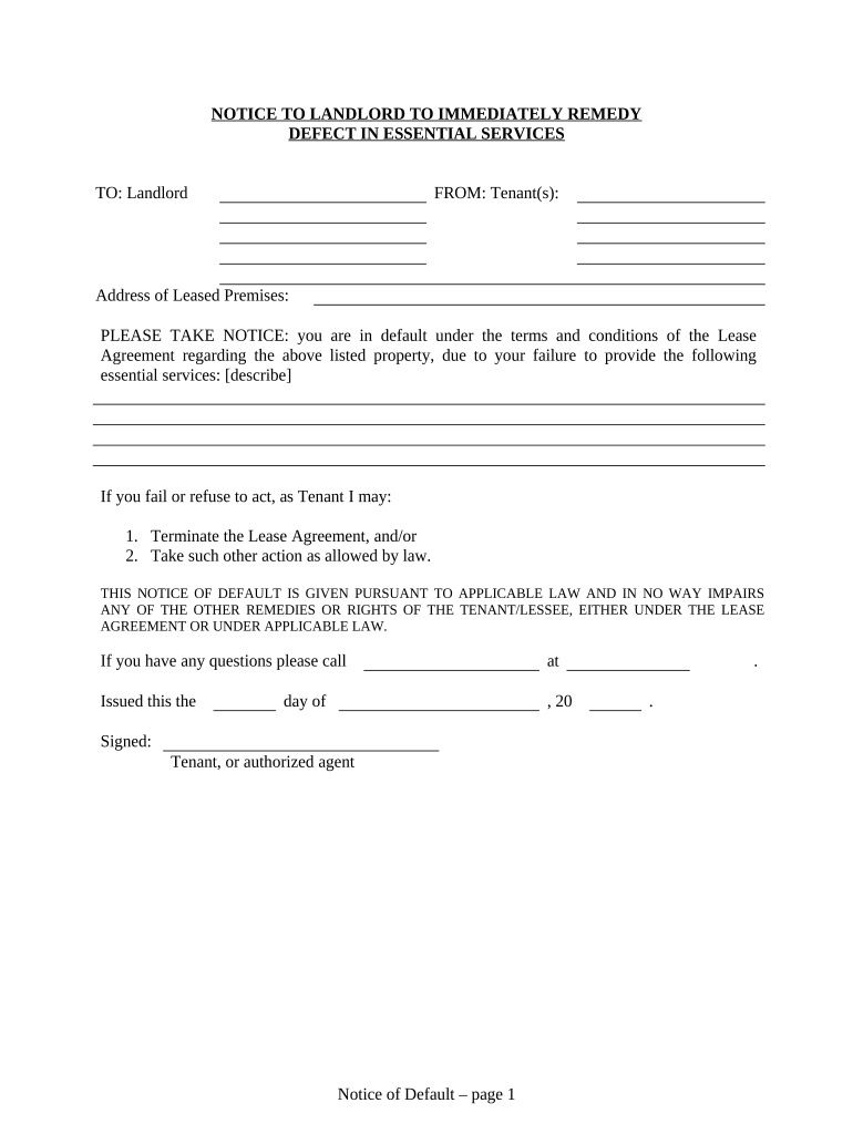 Notice to Landlord to Immediately Remedy Defect in Essential Services for Residential from Tenant to Landlord Alaska  Form