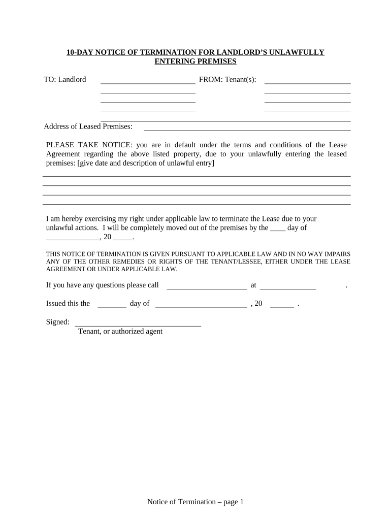 10 Day Notice of Termination for Landlord's Unlawfully Entering Premises for Residential from Tenant to Landlord Alaska  Form