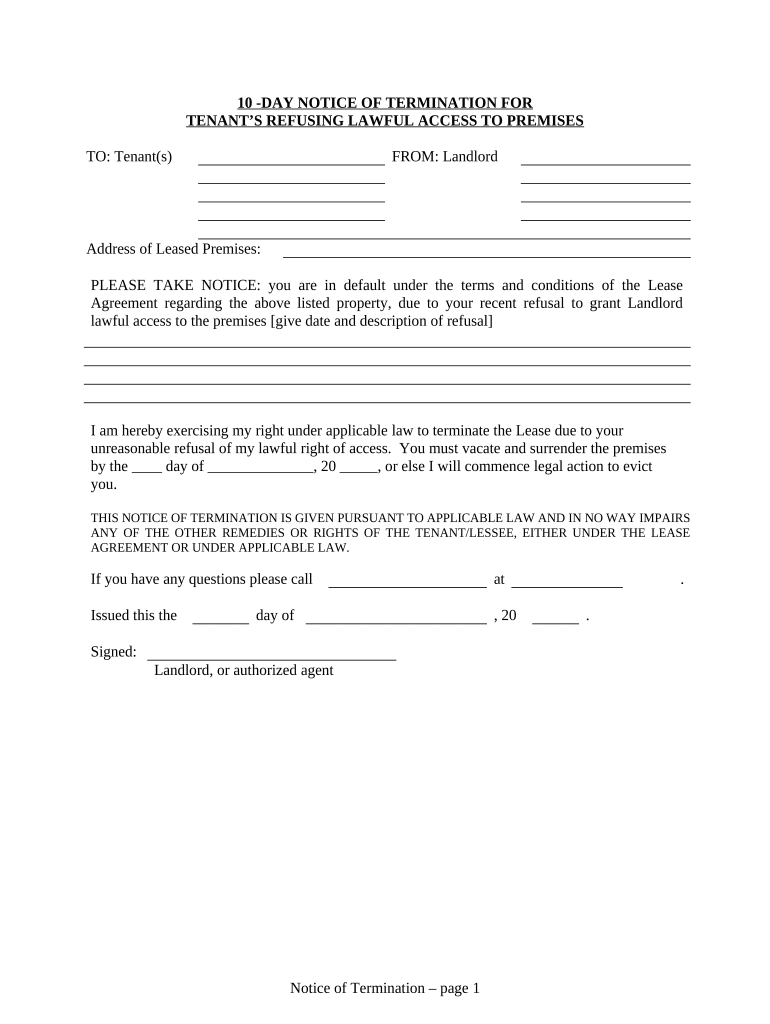 10 Day Notice of Termination for Tenant's Refusing Lawful Access to Premises for Residential from Landlord to Tenant Alaska  Form