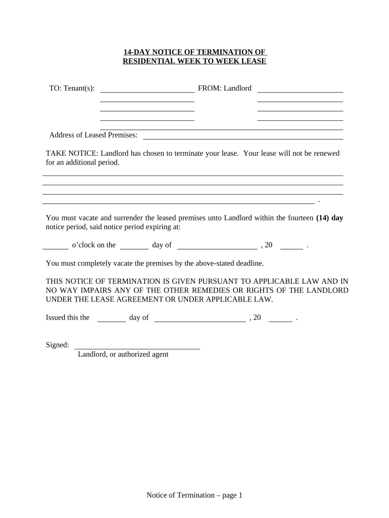 14 Day Notice to Terminate Week to Week Lease for Residential from Landlord to Tenant Alaska  Form