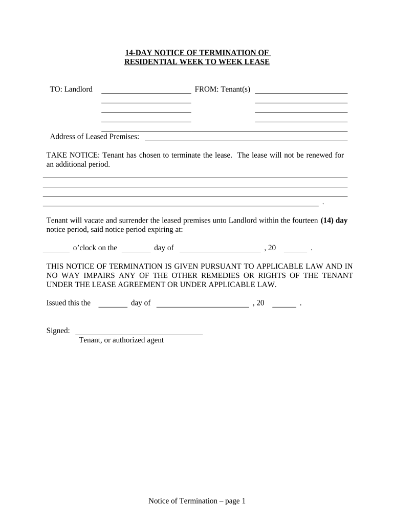 14 Day Notice to Terminate Week to Week Lease for Residential Property from Tenant to Landlord Alaska  Form