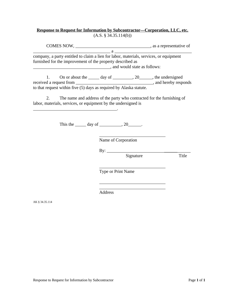 Response to Subcontractor's Request by Corporation or LLC Alaska  Form