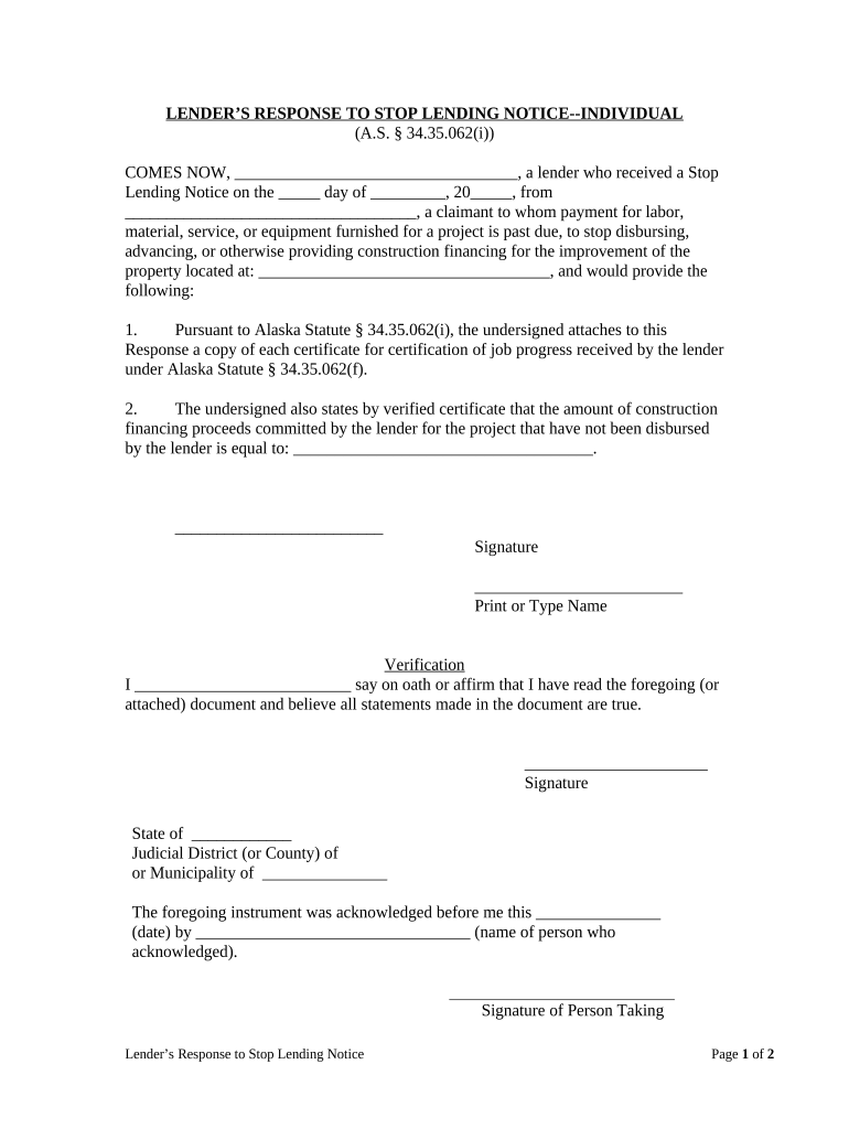 Lender's Response to Stop Lending Notice Individual Alaska  Form