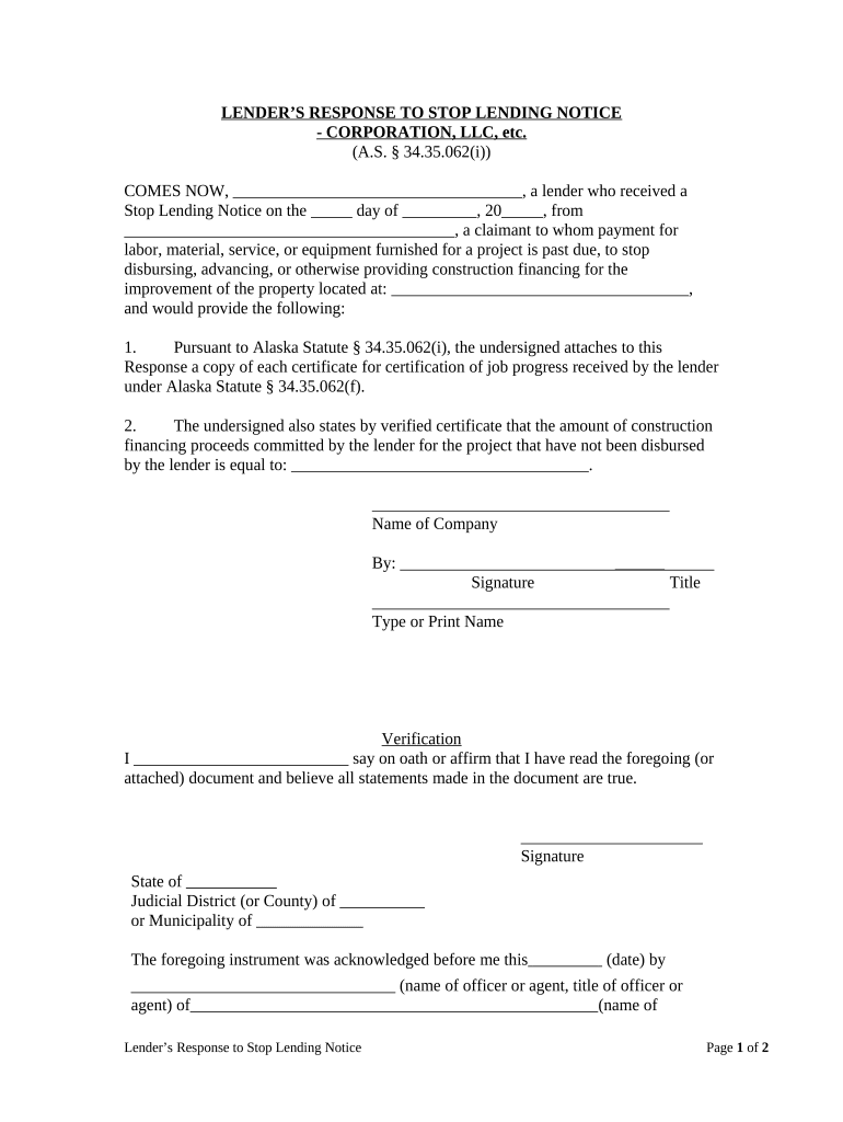 Lender's Response to Stop Lending Notice Corporation or LLC Alaska  Form
