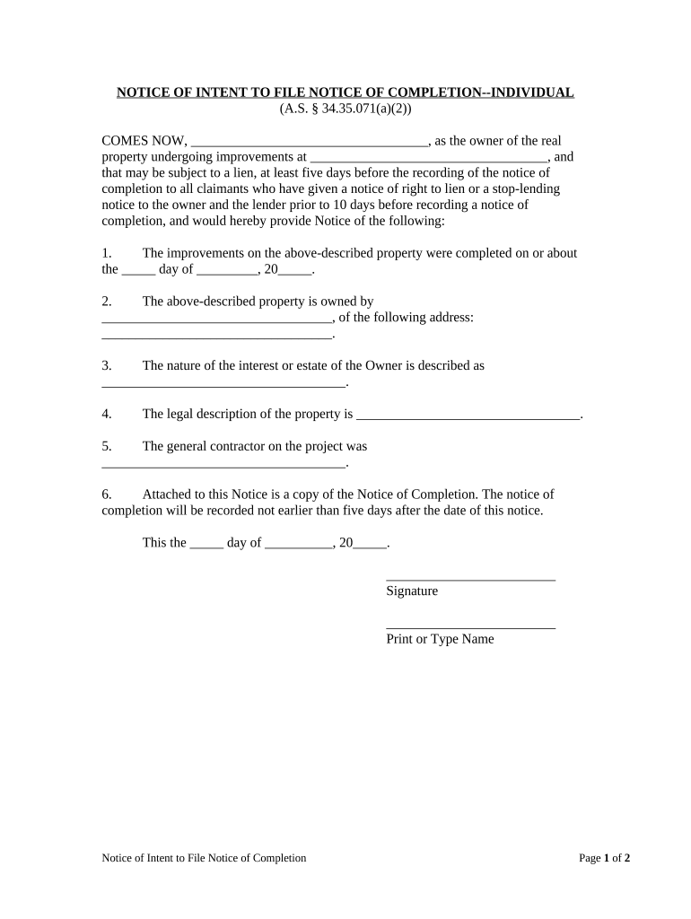 Notice Completion Contract  Form