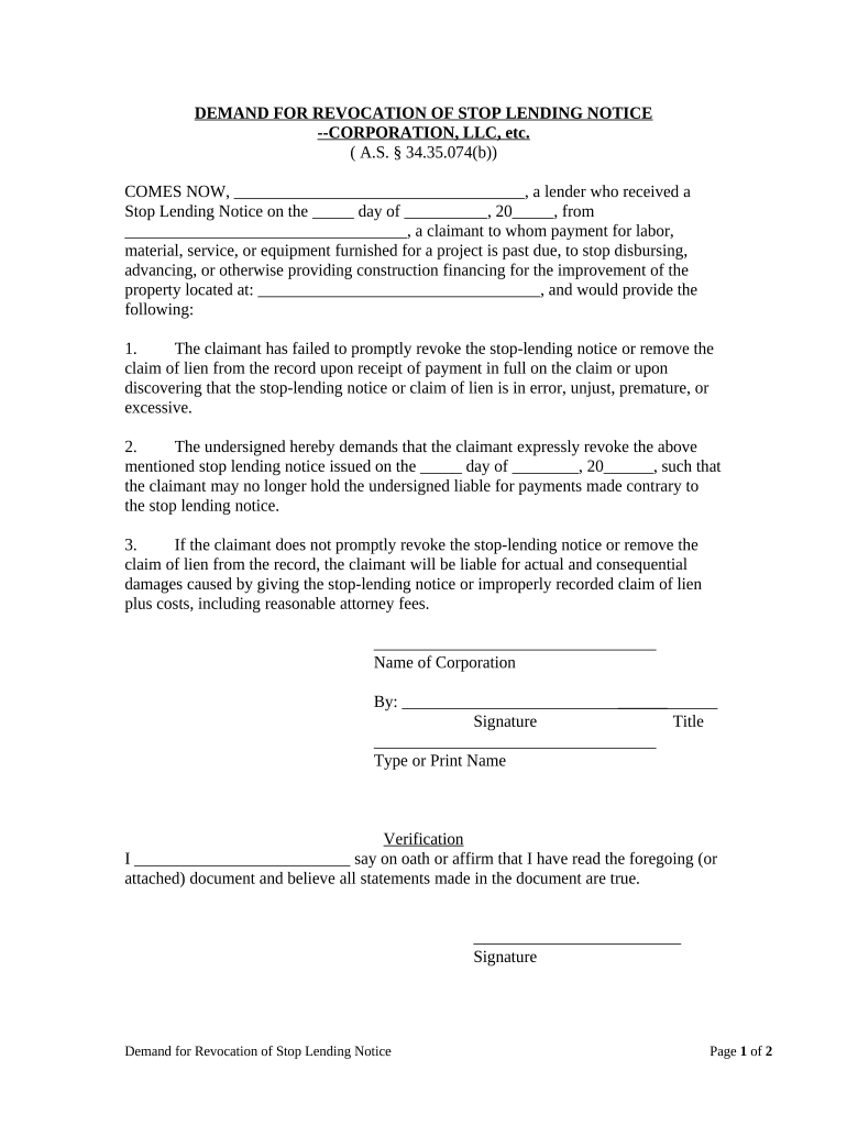 Demand for Revocation of Stop Lending Notice Corporation or LLC Alaska  Form