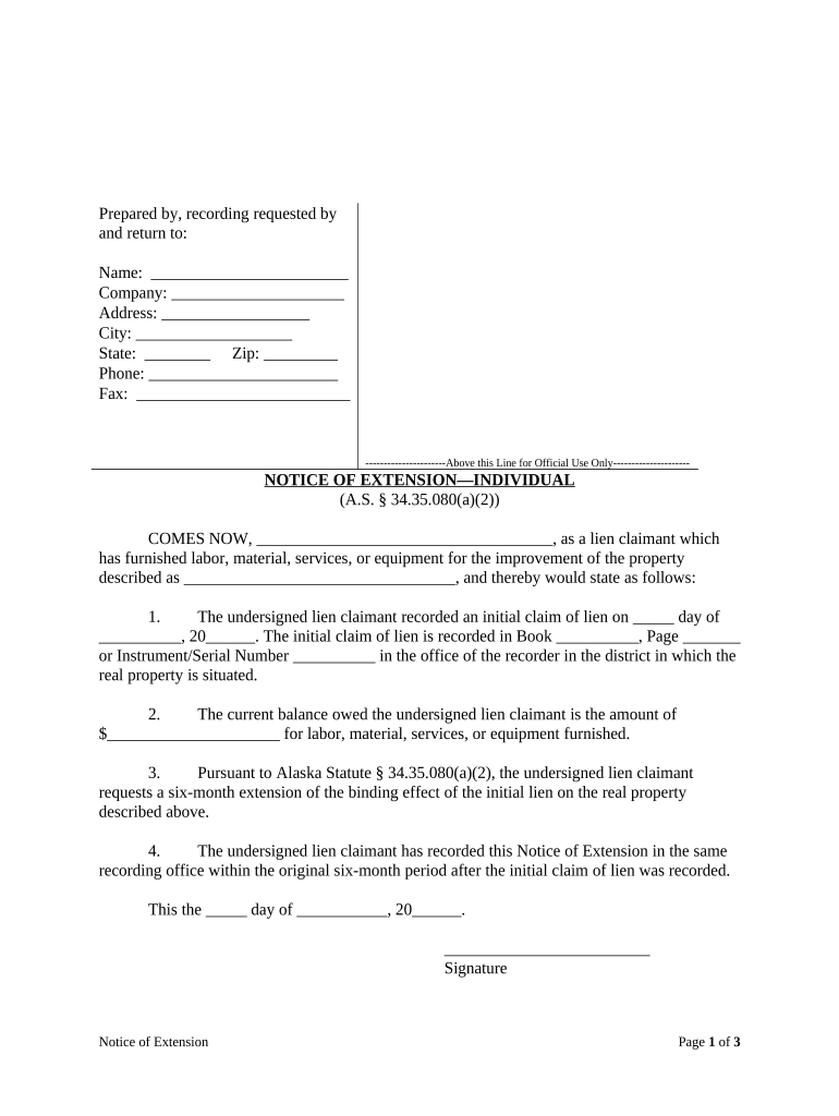 Notice of Extension Individual Alaska  Form