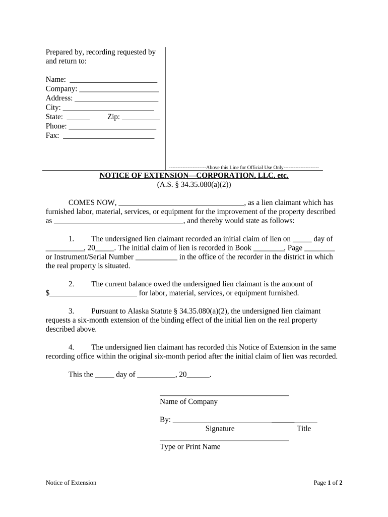 Notice of Extension Corporation or LLC Alaska  Form